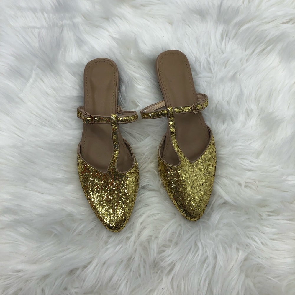 Cecilia T-strap Gold Glitter Flats Size 8